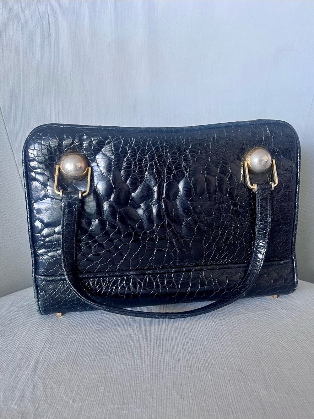 Vintage Genuine Black Alligator Leather Top Handle Handbag | Structured Frame - Picture 9 of 9